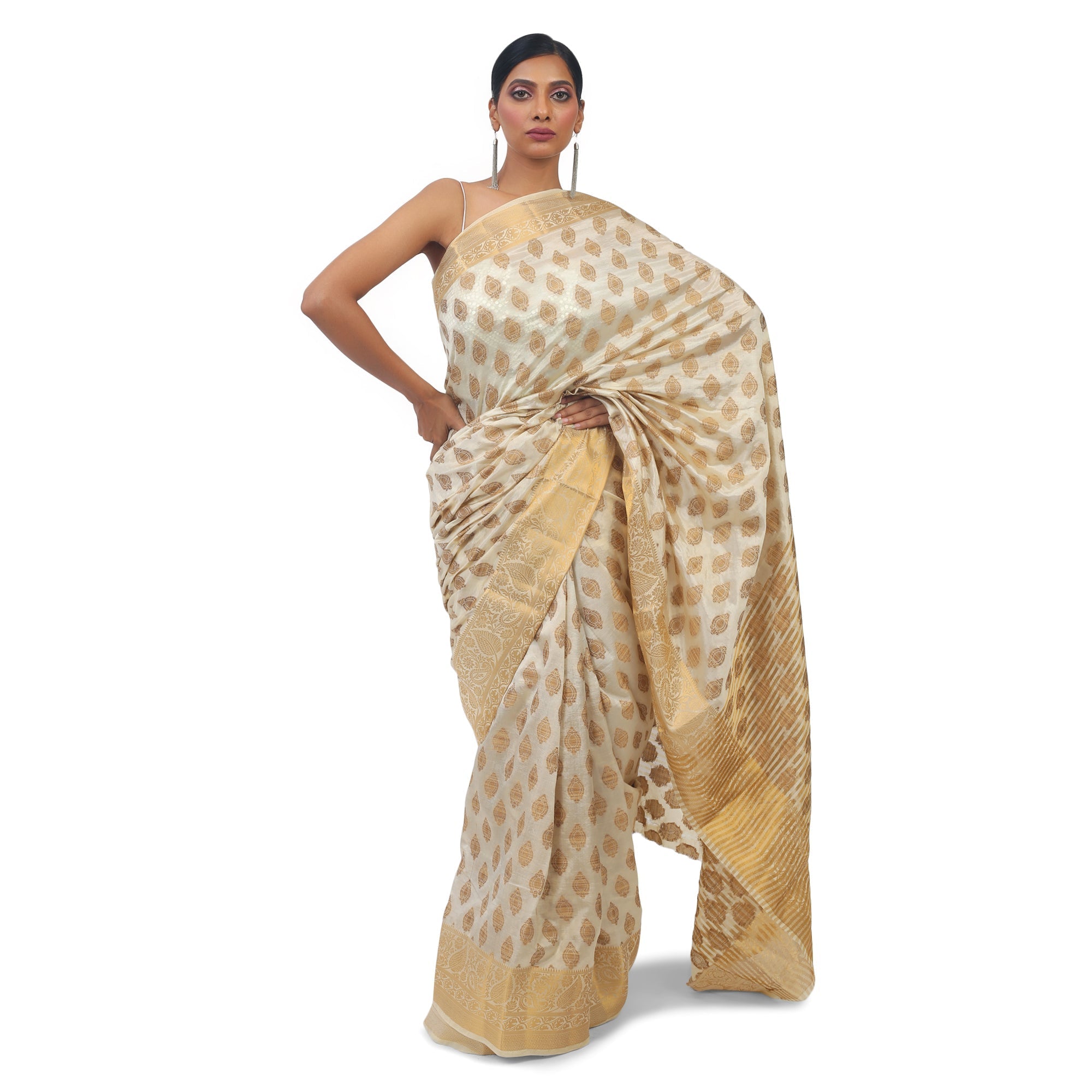 Art Silk Off White Saree with Golden work - TheHangr