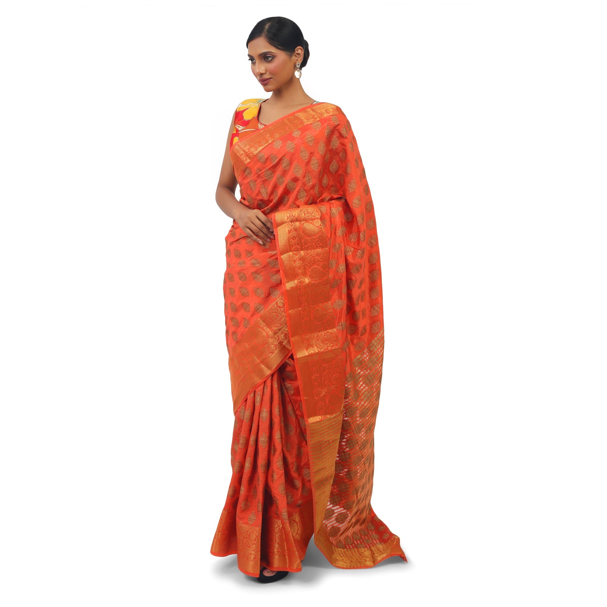 Art Silk Orange Saree with Golden work - TheHangr
