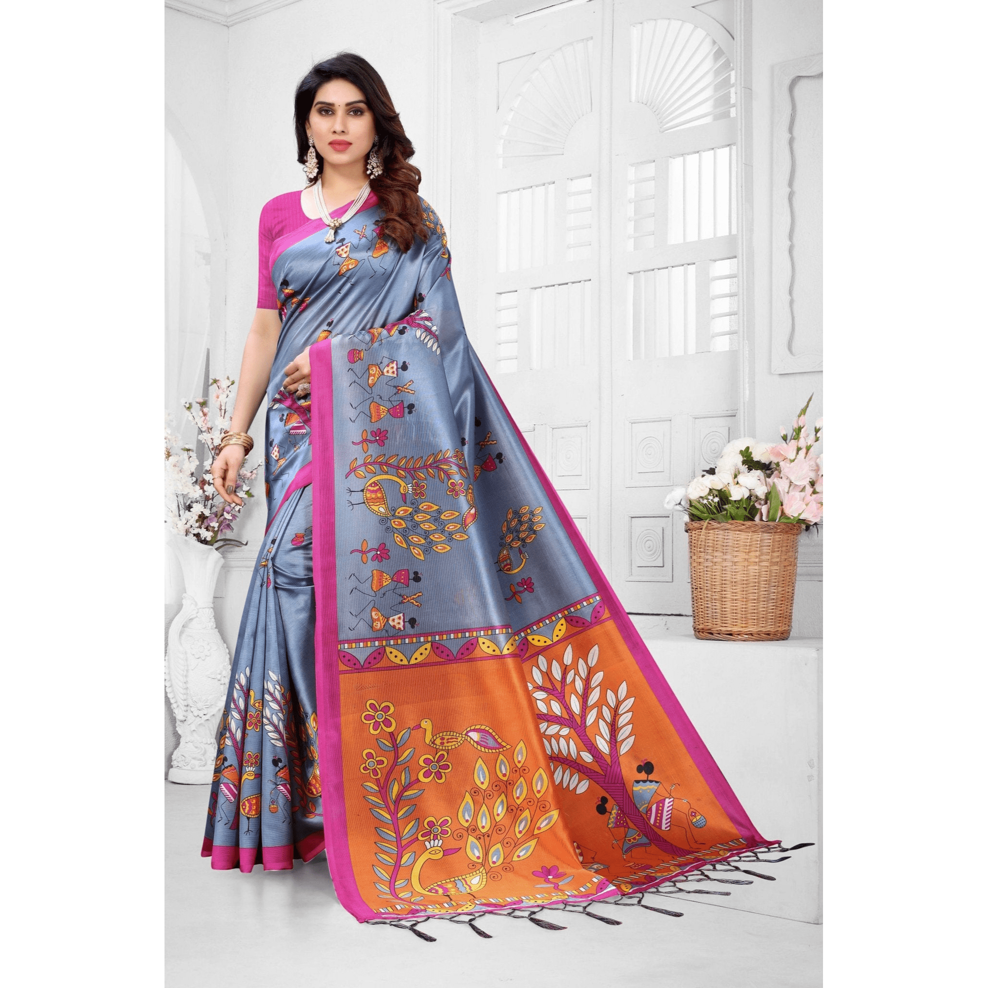Beautiful Art silk Saree with Magnificent Print with Blouse Piece - TheHangr