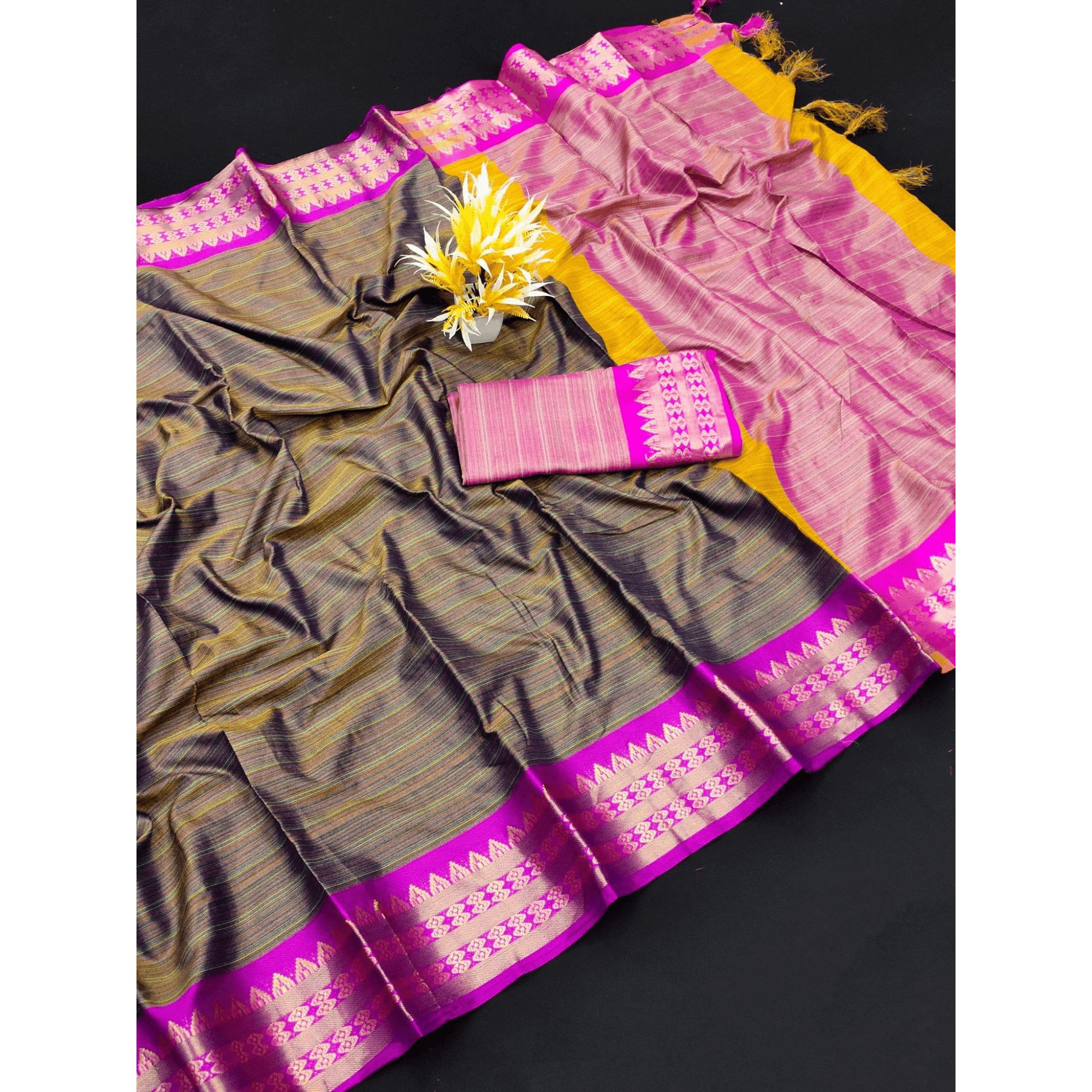 Beautiful Festive wear Saree with Blouse Piece Brown with Pink Border - TheHangr