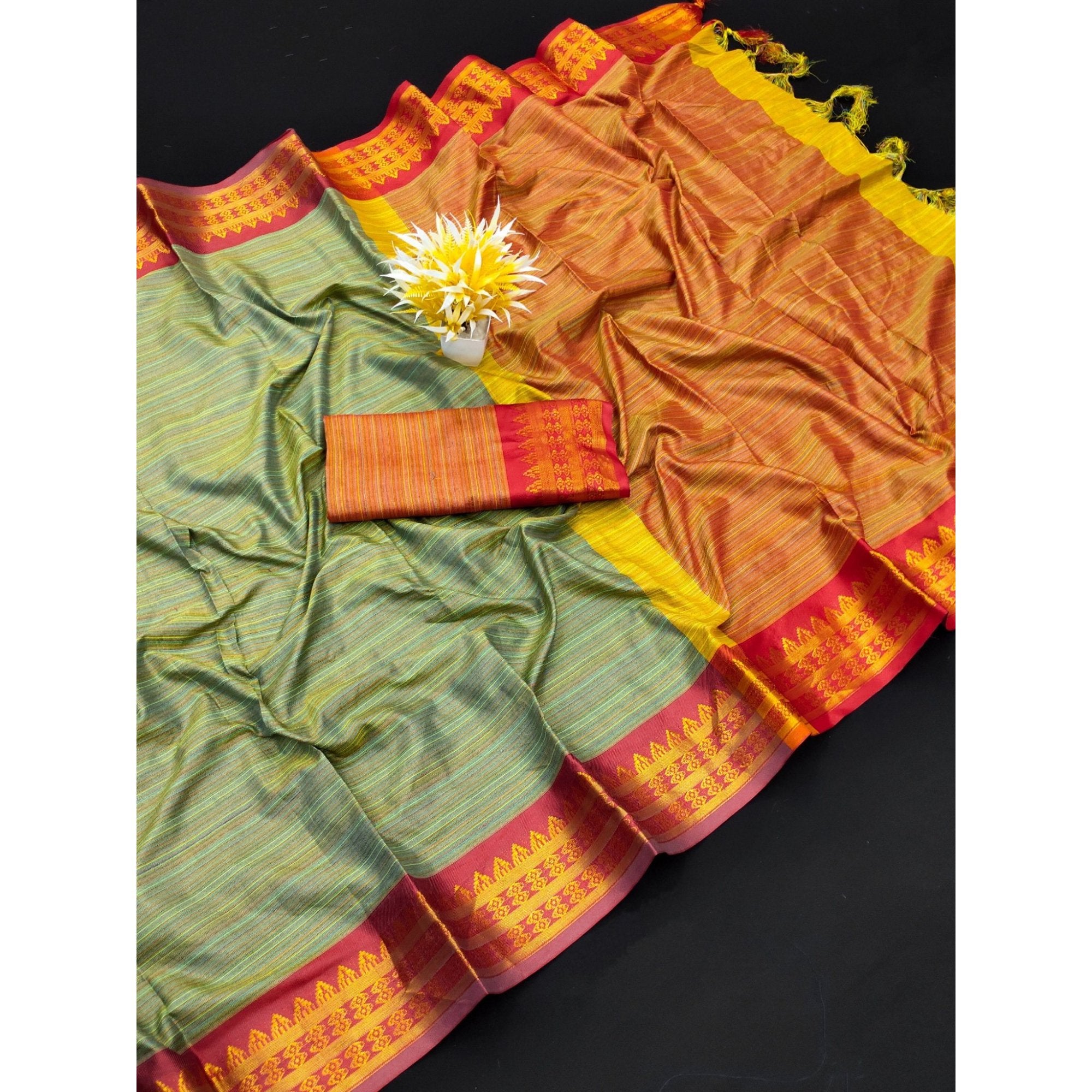 Beautiful Festive wear Saree with Blouse Piece Green with Red Border - TheHangr