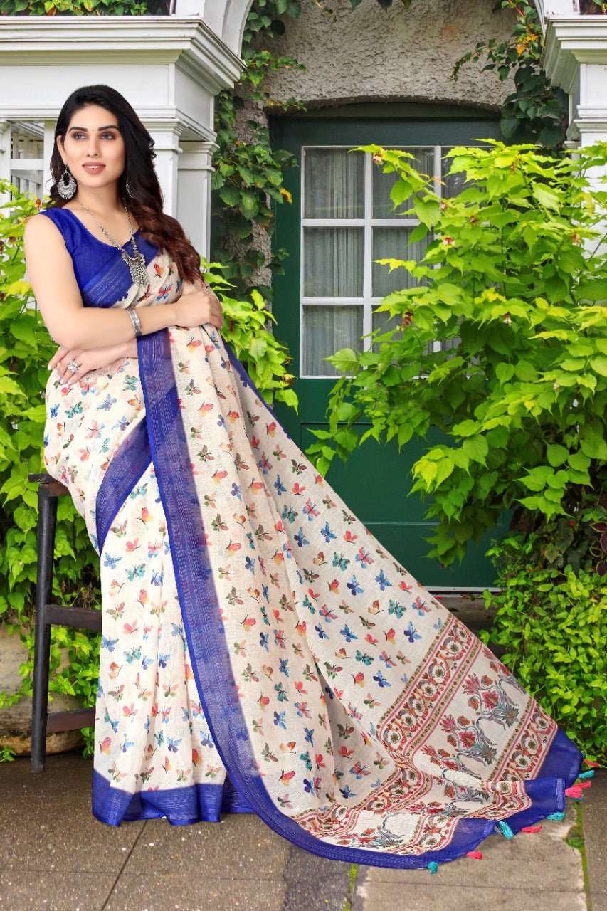 Beautiful Ivory colour saree with blue border and multicolour butterfly print. Saree blue casual cream dark blue Ivory light blue Linen Multicolour Off white Printed red royal blue Saree steel blue white work thehangrbeautiful-ivory-colour-saree-with-blue-border-and-multicolour-butterfly-printthehangr-134114