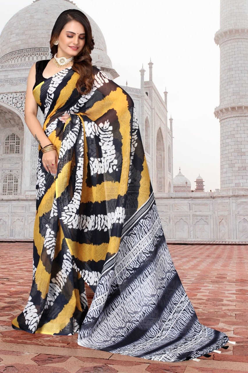Beautiful tripled shade geometrical stripe print Saree with dual shade Pallu. - TheHangr