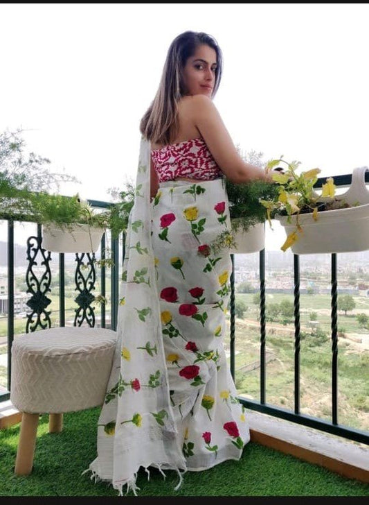 Beautiful White Linen saree with multicolour flower print. Saree casual Floral Geometrical Linen Printed Saree white work thehangrbeautiful-white-linen-saree-with-multicolour-flower-printthehangr-480964