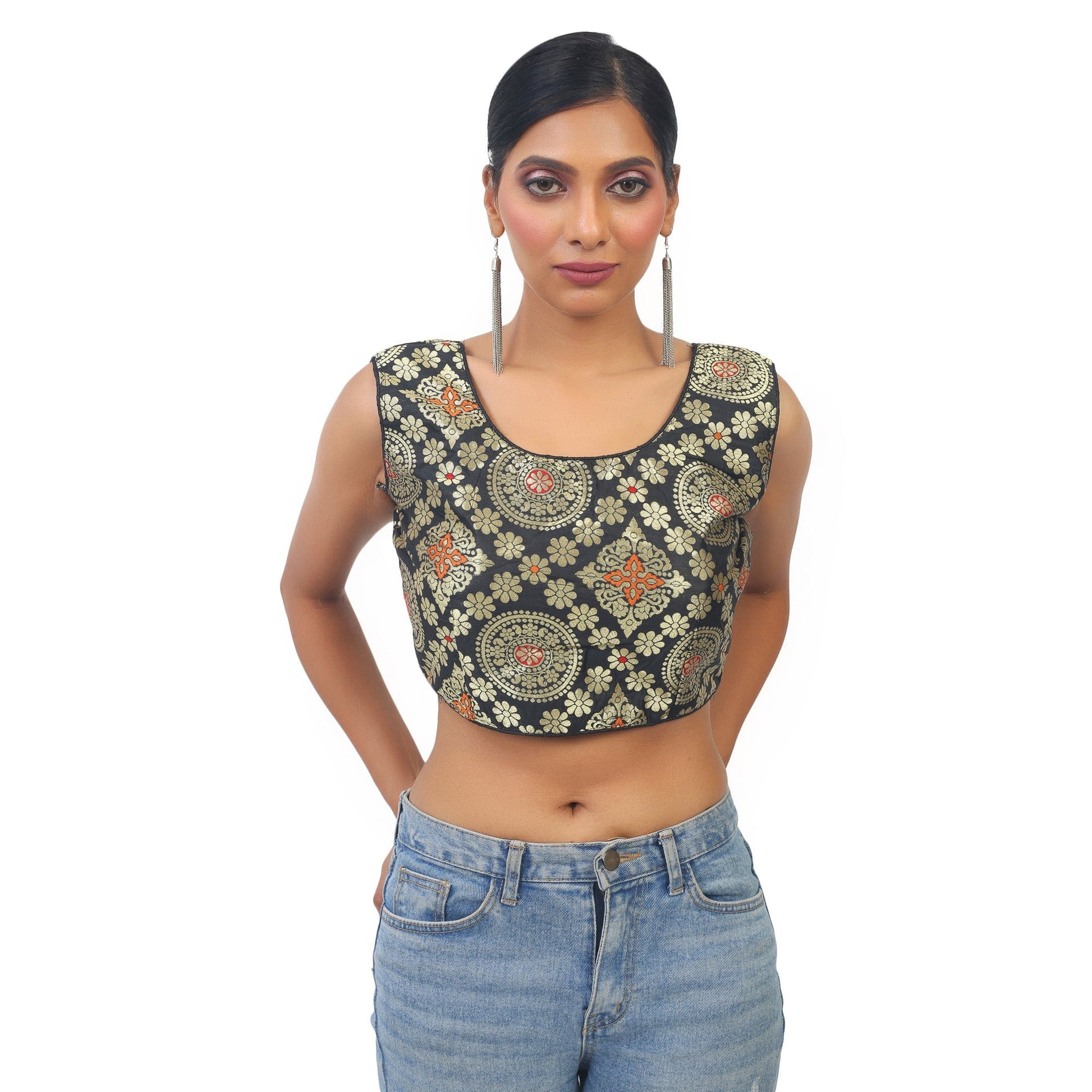 Black | Cotton | Golden Banarsi print | Blouse Apparel & Accessories 32 34 36 black blossom Blouse blouses cotton Crop tops thehangrblack-cotton-golden-banarsi-print-blousethehangr-974252