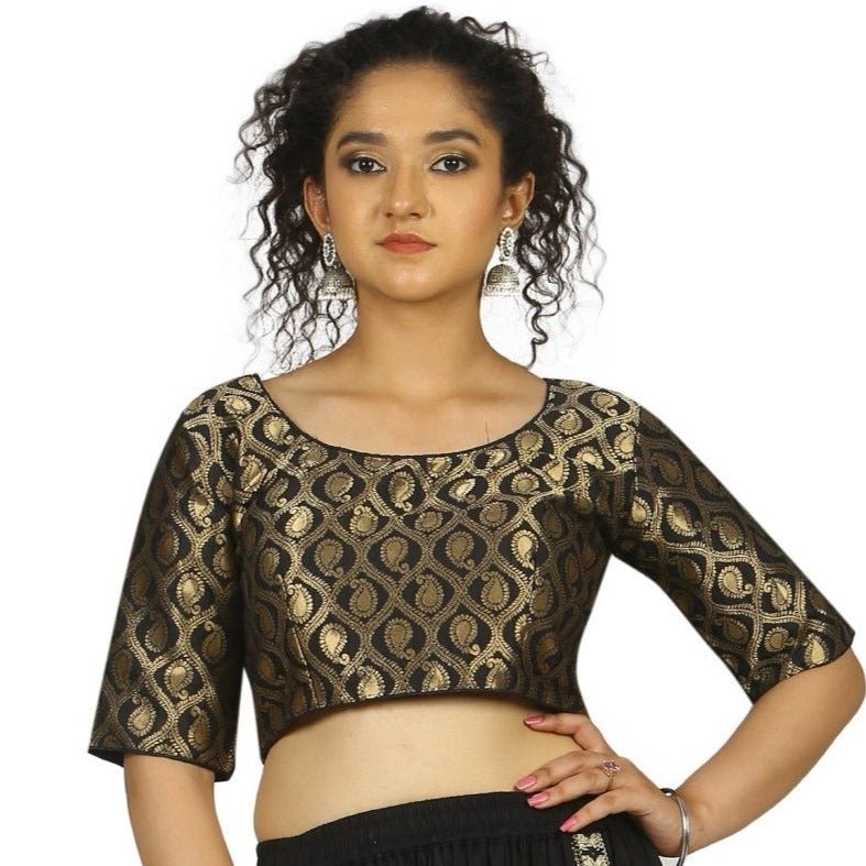 Black |Gold |Brocade Blouse Apparel & Accessories 32 34 36 black Blouse blouses golden Lehza thehangrblack-gold-brocade-blousethehangr-313188