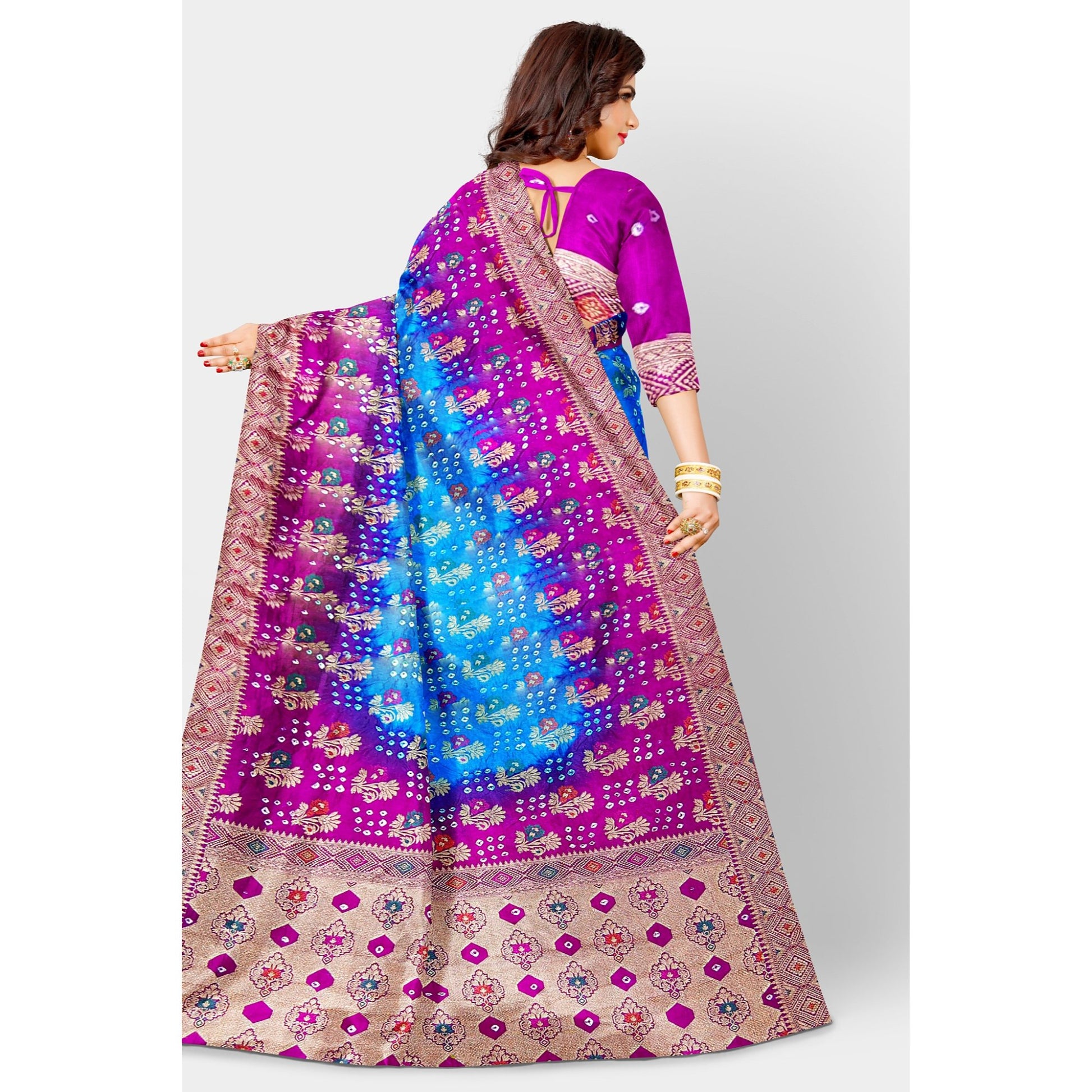 Blue Bandini Saree with golden weaving work and Pink border and Pallu. Saree Bandhej Bandini blue Cocktail dark blue Festive Floral golden light blue Printed royal blue Saree sky blue steel blue Weaving thehangrblue-bandini-saree-with-golden-weaving-work-and-pink-border-and-palluthehangr-642422