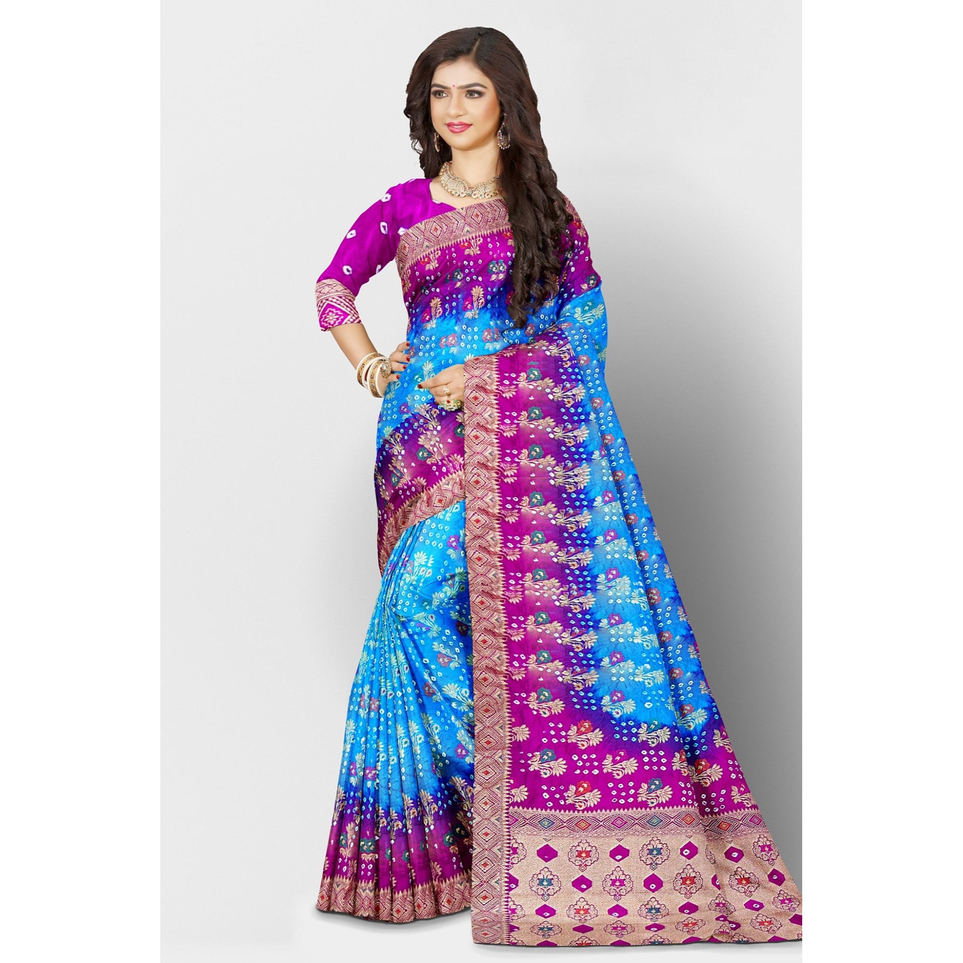 Blue Bandini Saree with golden weaving work and Pink border and Pallu. Saree Bandhej Bandini blue Cocktail dark blue Festive Floral golden light blue Printed royal blue Saree sky blue steel blue Weaving thehangrblue-bandini-saree-with-golden-weaving-work-and-pink-border-and-palluthehangr-643607