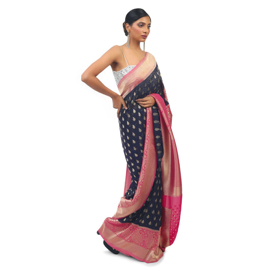 Dark Blue soft Georgette Saree With contrast pink boarder and pallu Apparel & Accessories 50%off independence Saree thehangrdark-blue-soft-georgette-saree-with-contrast-pink-boarder-and-palluthehangr-211349