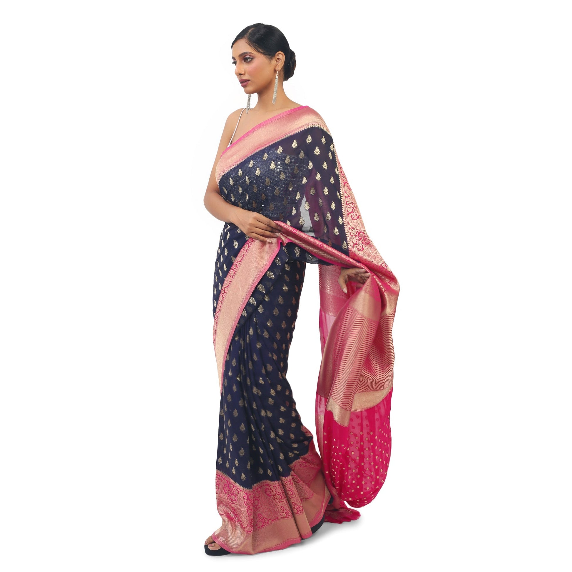 Dark Blue soft Georgette Saree With contrast pink boarder and pallu Apparel & Accessories 50%off independence Saree thehangrdark-blue-soft-georgette-saree-with-contrast-pink-boarder-and-palluthehangr-437457