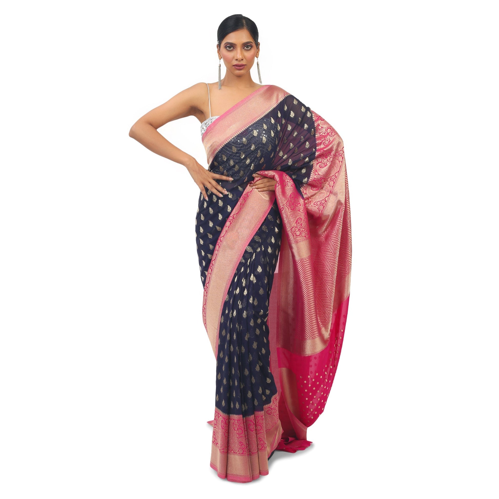 Dark Blue soft Georgette Saree With contrast pink boarder and pallu Apparel & Accessories 50%off independence Saree thehangrdark-blue-soft-georgette-saree-with-contrast-pink-boarder-and-palluthehangr-549762