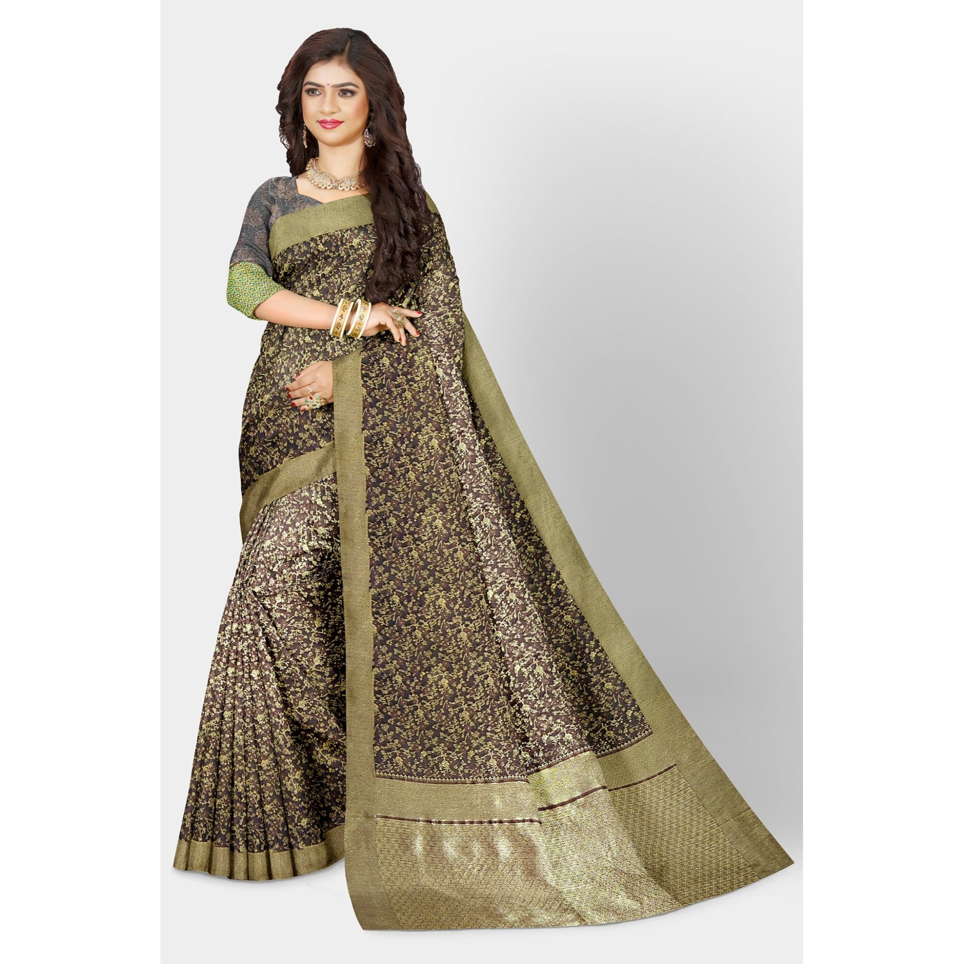 Dark Brown Jacquard Silk Saree with Royal Golden work all over the body. Saree Brown Cocktail Festive Floral golden Printed Saree Weaving work thehangrdark-brown-jacquard-silk-saree-with-royal-golden-work-all-over-the-bodythehangr-130036