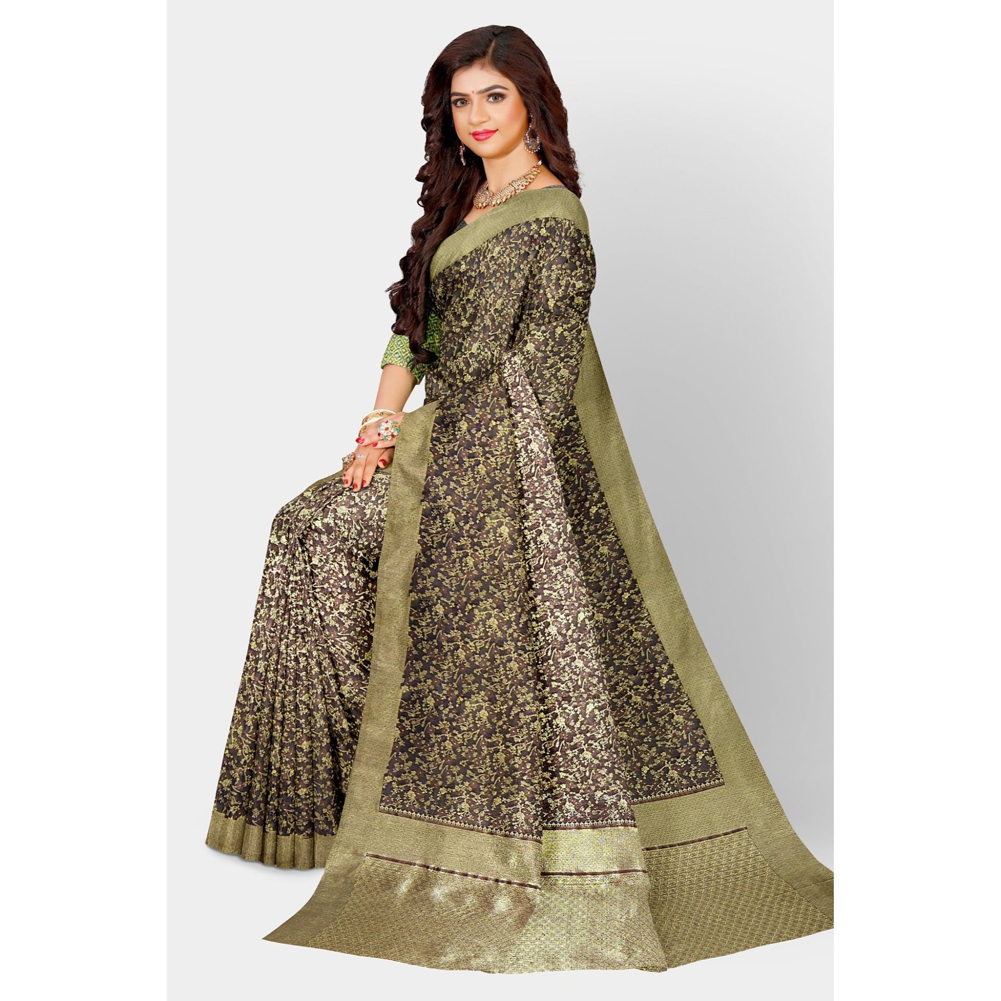 Dark Brown Jacquard Silk Saree with Royal Golden work all over the body. Saree Brown Cocktail Festive Floral golden Printed Saree Weaving work thehangrdark-brown-jacquard-silk-saree-with-royal-golden-work-all-over-the-bodythehangr-491464