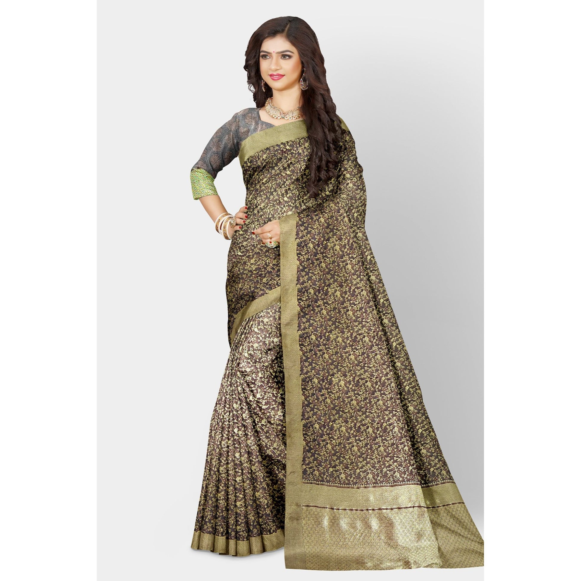 Dark Brown Jacquard Silk Saree with Royal Golden work all over the body. Saree Brown Cocktail Festive Floral golden Printed Saree Weaving work thehangrdark-brown-jacquard-silk-saree-with-royal-golden-work-all-over-the-bodythehangr-798859