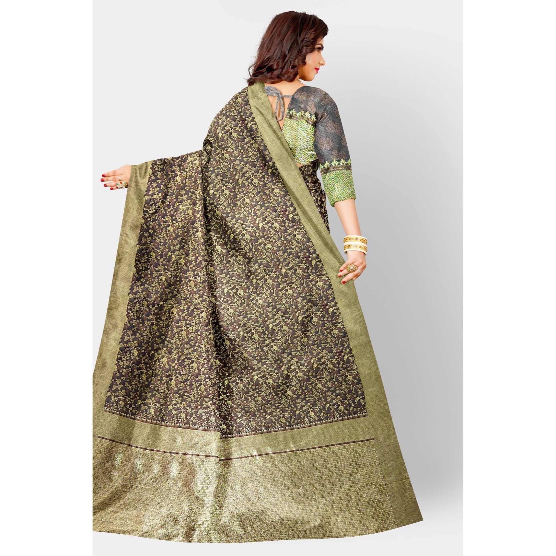 Dark Brown Jacquard Silk Saree with Royal Golden work all over the body. Saree Brown Cocktail Festive Floral golden Printed Saree Weaving work thehangrdark-brown-jacquard-silk-saree-with-royal-golden-work-all-over-the-bodythehangr-830265