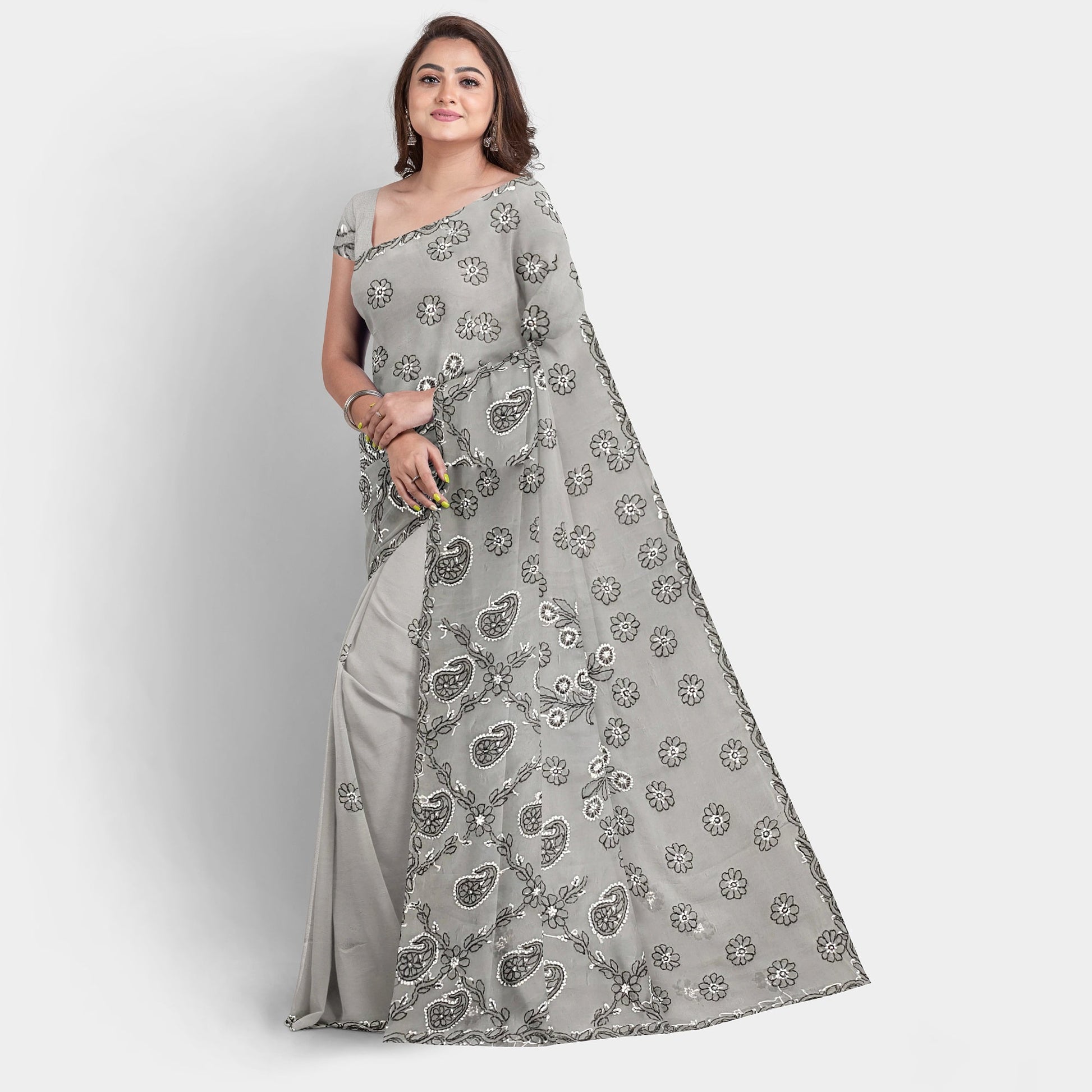 Dual thread Hand Embroidered Gray Georgette Lucknowi Chikankari Saree with Blouse Apparel & Accessories casual Cocktail Festive Gray Lucknowi Chikankari Saree Steel Gray work thehangrdual-thread-hand-embroidered-gray-georgette-lucknowi-chikankari-saree-with-blousethehangr-239433