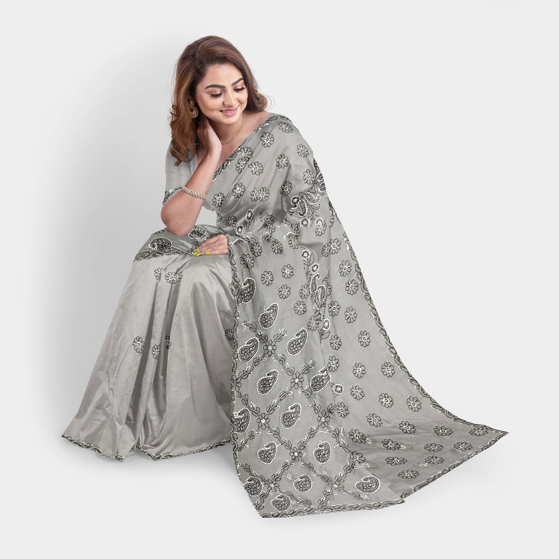 Dual thread Hand Embroidered Gray Georgette Lucknowi Chikankari Saree with Blouse Apparel & Accessories casual Cocktail Festive Gray Lucknowi Chikankari Saree Steel Gray work thehangrdual-thread-hand-embroidered-gray-georgette-lucknowi-chikankari-saree-with-blousethehangr-487715