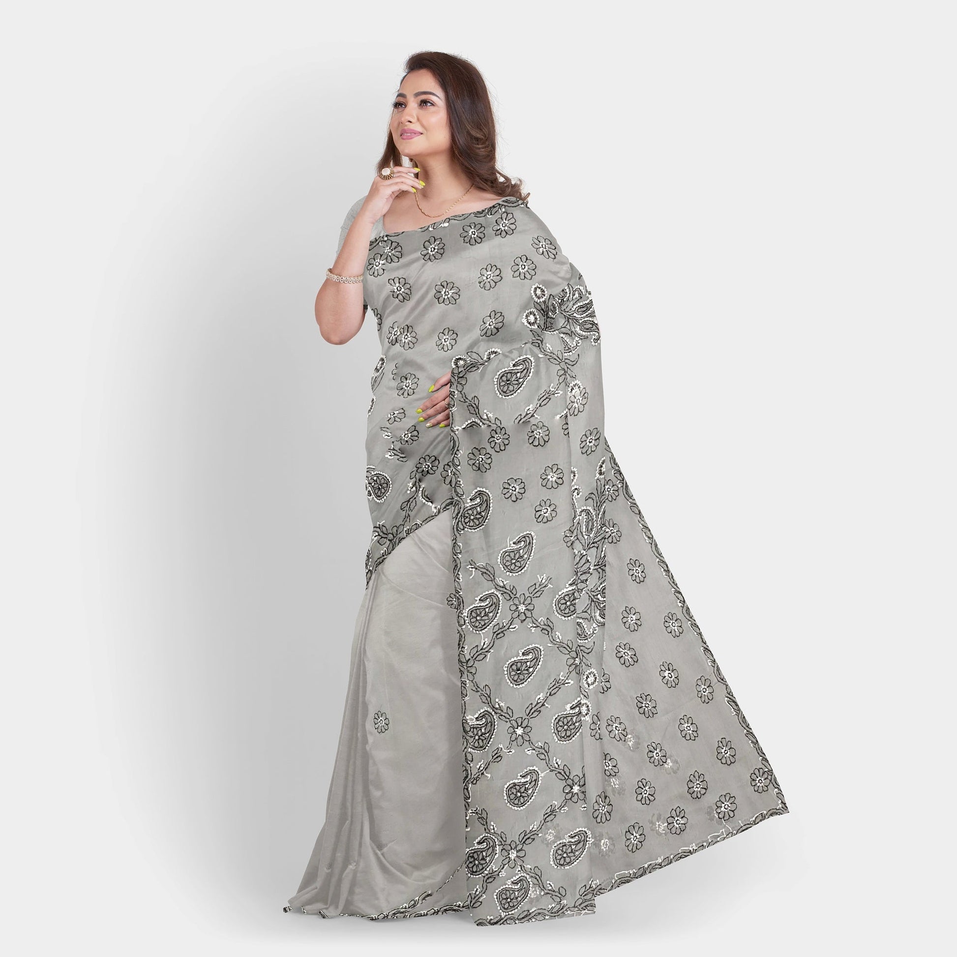 Dual thread Hand Embroidered Gray Georgette Lucknowi Chikankari Saree with Blouse Apparel & Accessories casual Cocktail Festive Gray Lucknowi Chikankari Saree Steel Gray work thehangrdual-thread-hand-embroidered-gray-georgette-lucknowi-chikankari-saree-with-blousethehangr-721096