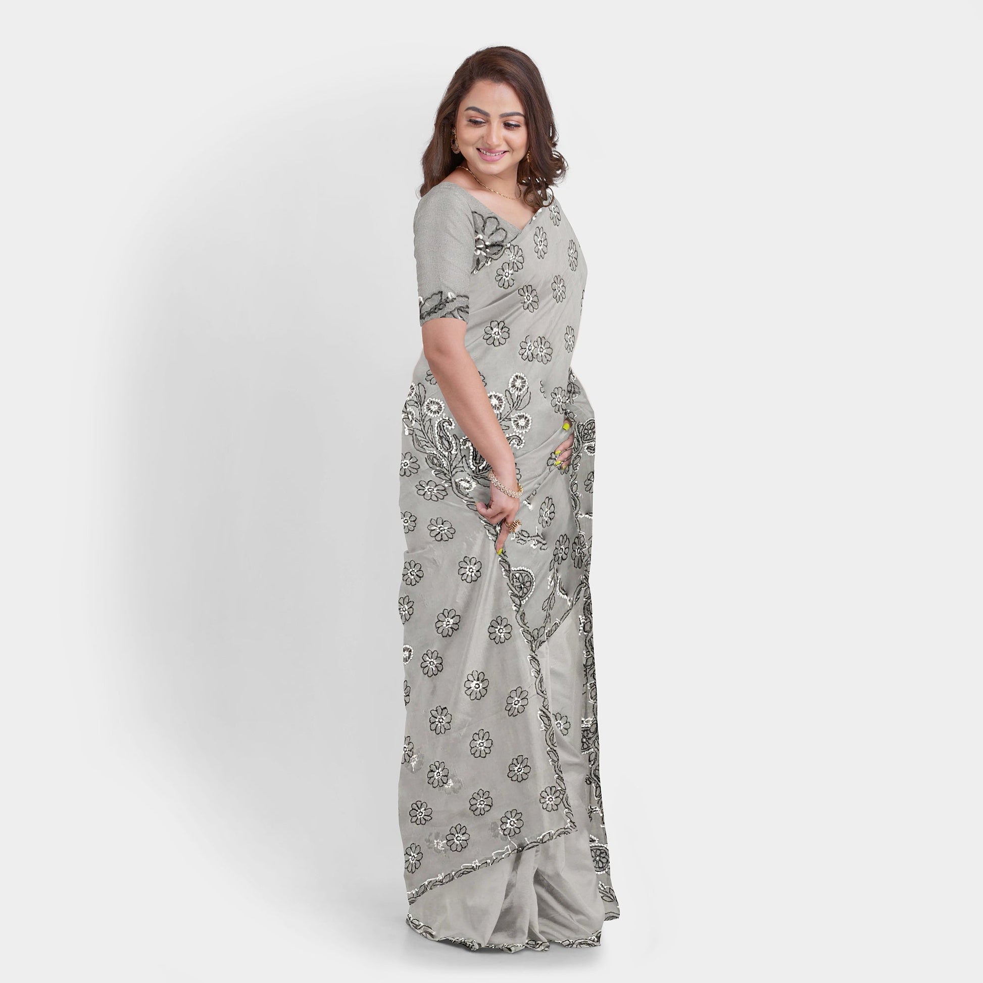 Dual thread Hand Embroidered Gray Georgette Lucknowi Chikankari Saree with Blouse Apparel & Accessories casual Cocktail Festive Gray Lucknowi Chikankari Saree Steel Gray work thehangrdual-thread-hand-embroidered-gray-georgette-lucknowi-chikankari-saree-with-blousethehangr-821592