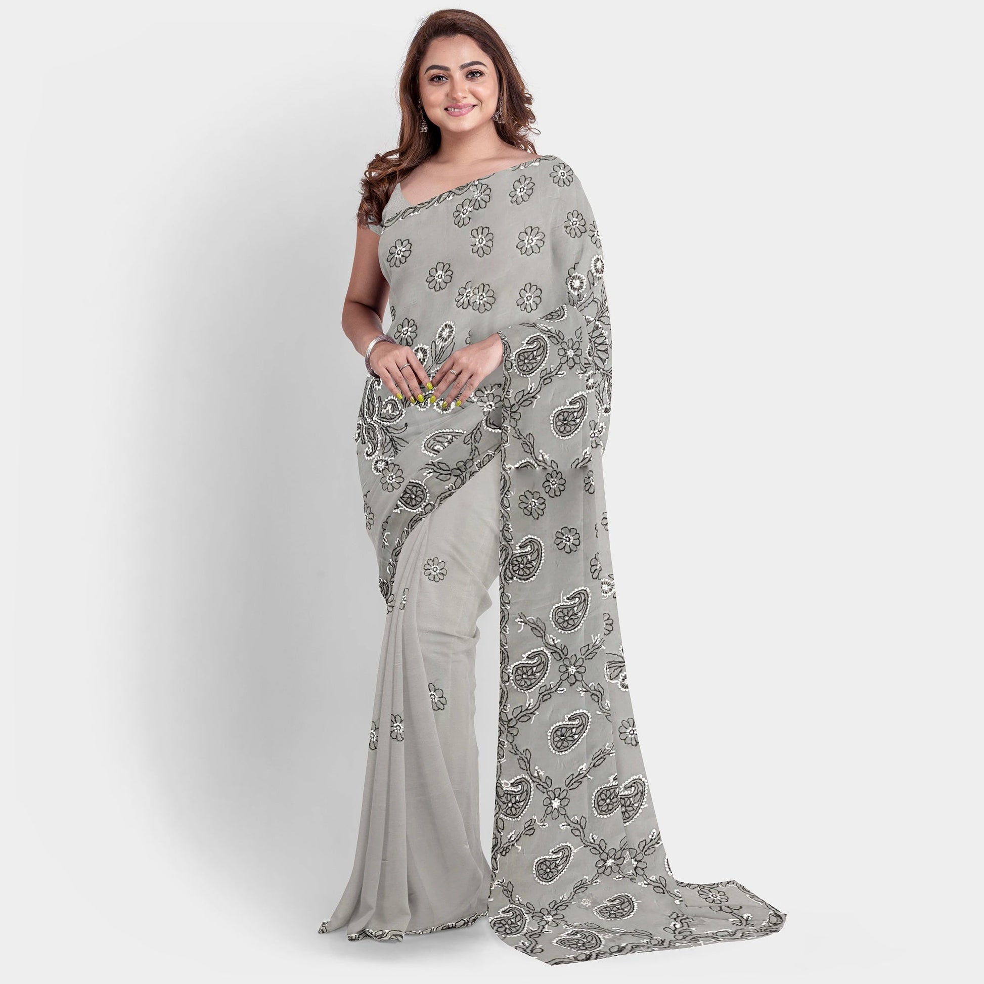 Dual thread Hand Embroidered Gray Georgette Lucknowi Chikankari Saree with Blouse Apparel & Accessories casual Cocktail Festive Gray Lucknowi Chikankari Saree Steel Gray work thehangrdual-thread-hand-embroidered-gray-georgette-lucknowi-chikankari-saree-with-blousethehangr-871015