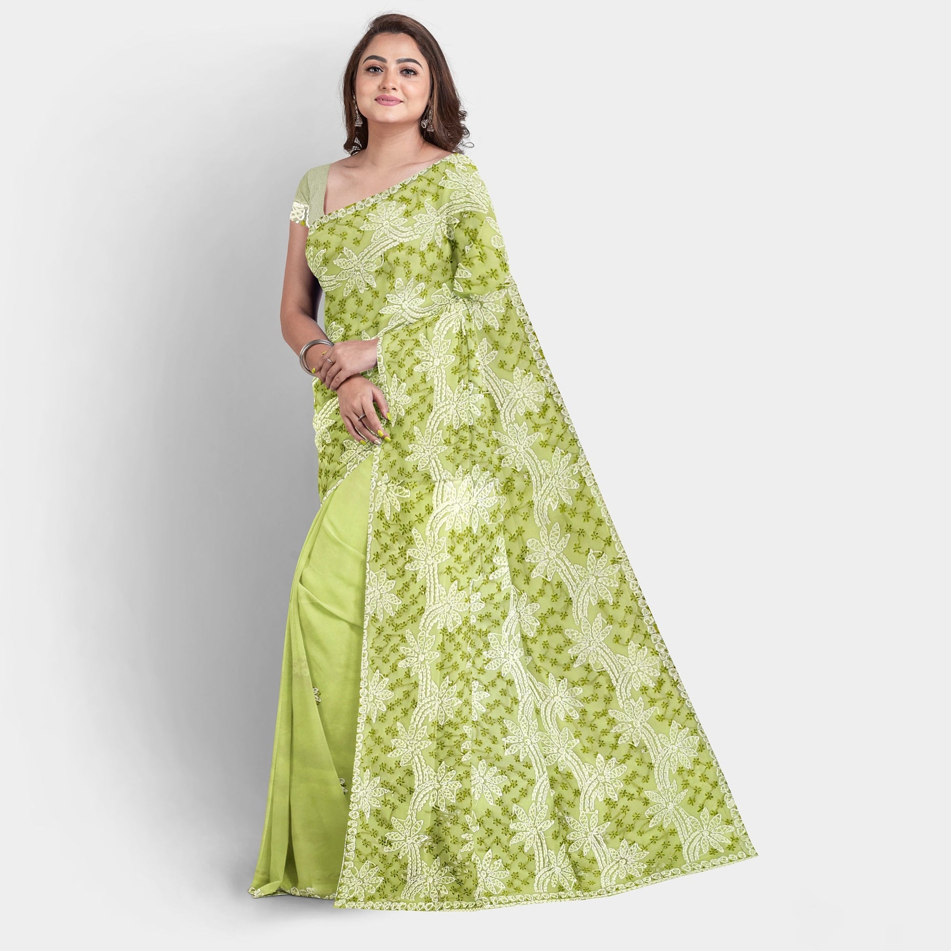 Dual thread Hand Embroidered Lemon colour Georgette Lucknowi Chikankari Saree with Blouse Apparel & Accessories casual Cocktail Festive Lemon Lucknowi Chikankari Saree work thehangrdual-thread-hand-embroidered-lemon-colour-georgette-lucknowi-chikankari-saree-with-blousethehangr-219798