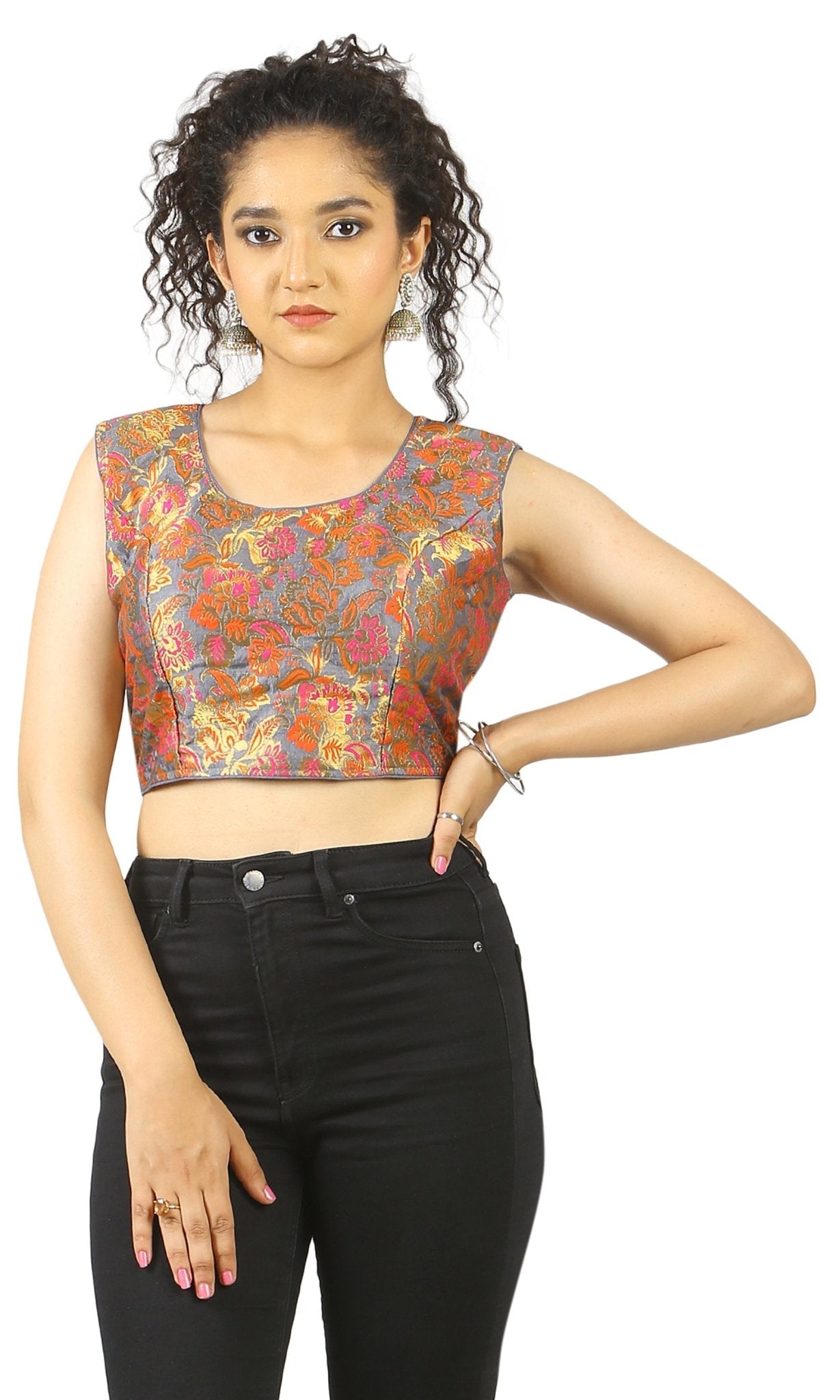 Gray | Brocade | Flower print | Blouse 36 Apparel & Accessories 34 36 Aarzoo blouse blouses Crop tops golden Gray thehangrgray-brocade-flower-print-blousethehangr-360054