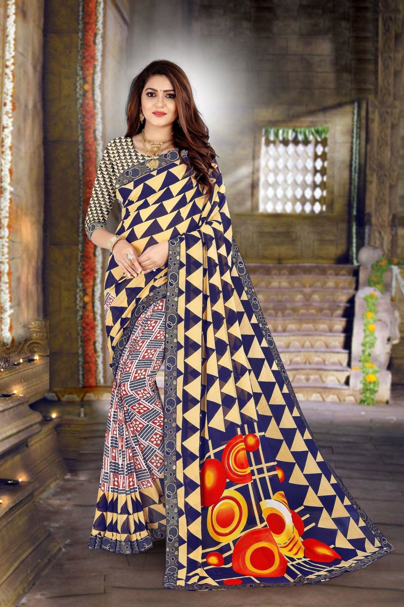 Women's Beautiful Printed Georgette Saree with lace border & Blouse Piece - TheHangr