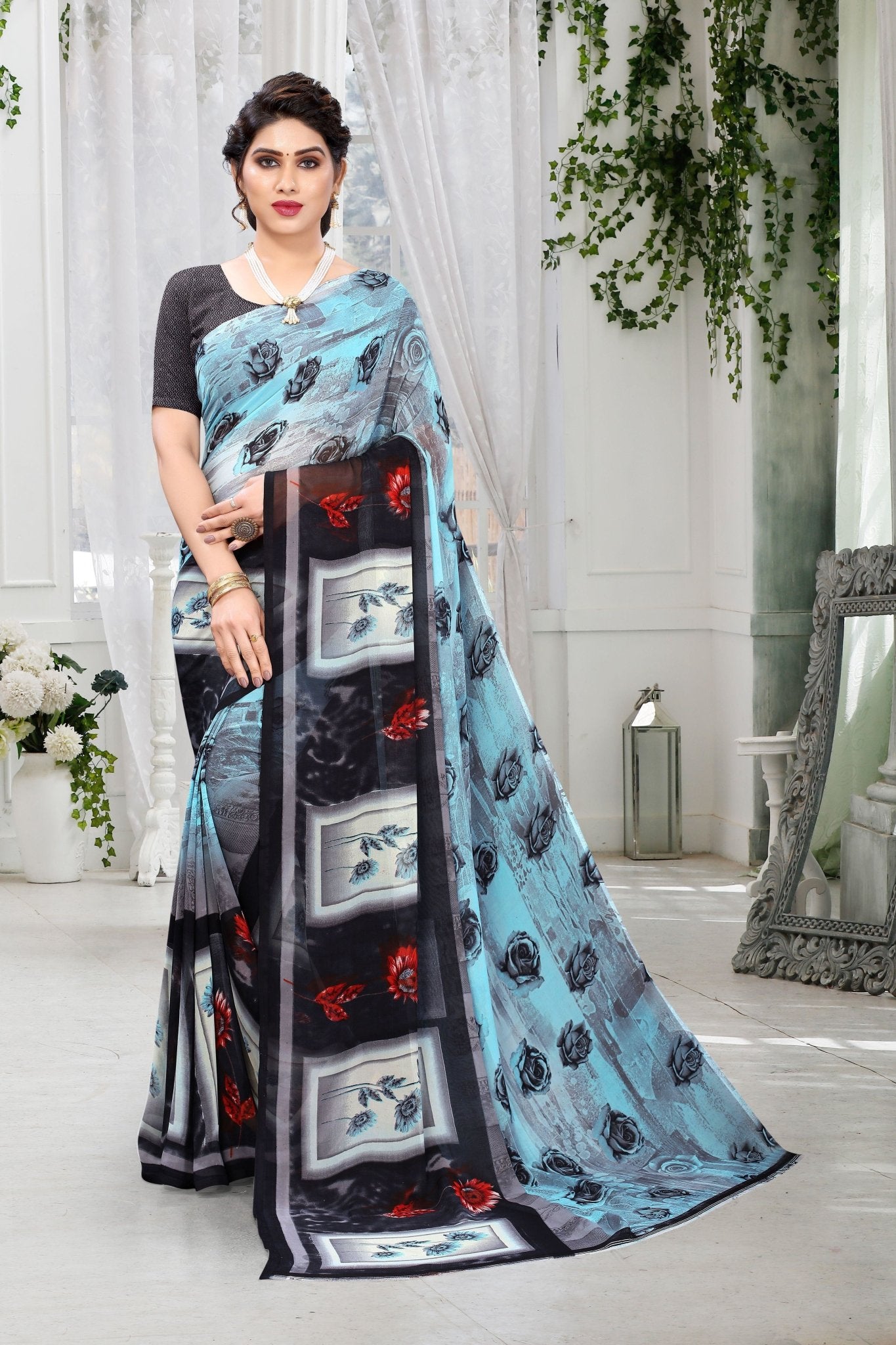 Women's Heavy Georgette Saree with Beautiful print with Blouse Piece - TheHangr
