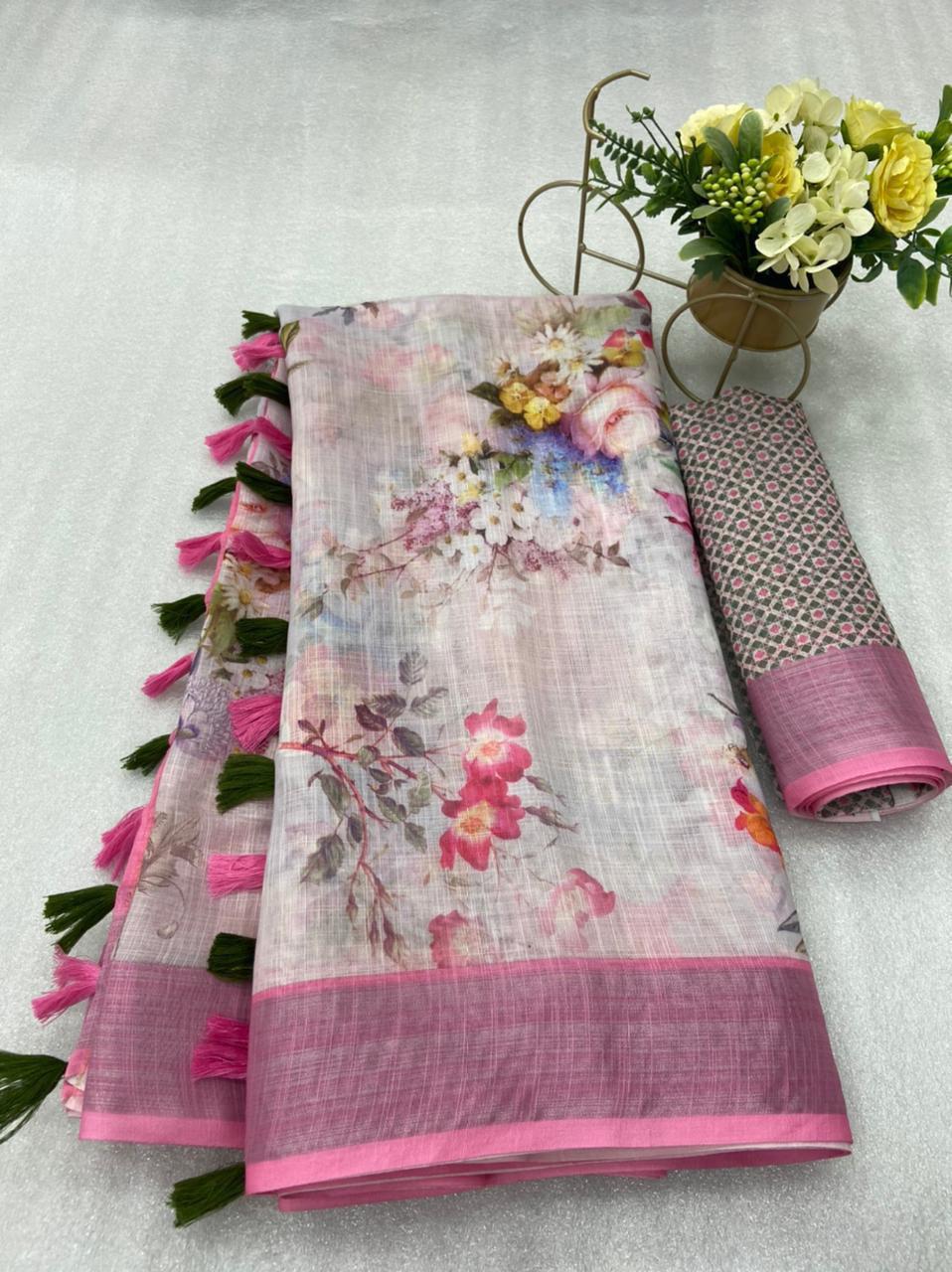 Women's Multi-color Multi-Design Linen Saree with Blouse Piece Pink Saree black blue Brown Green Linen Ocassion Off white pink Purple Rani Pink royal blue Saree white yellow womens-multi-color-multi-design-linen-saree-with-blouse-piece-311304